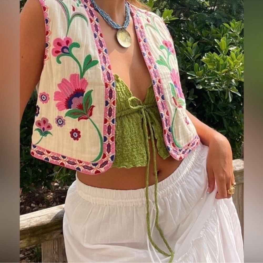 Zara open front embroidered boho vest hippie Medium - Picture 16 of 16